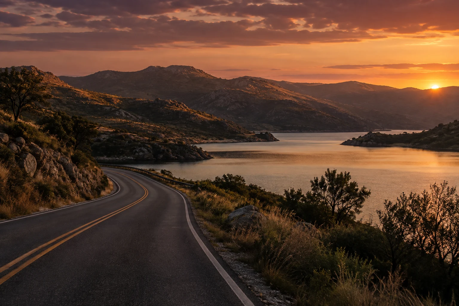 Paisaje ilustrativo de una ruta serrana junto a un lago al atardecer